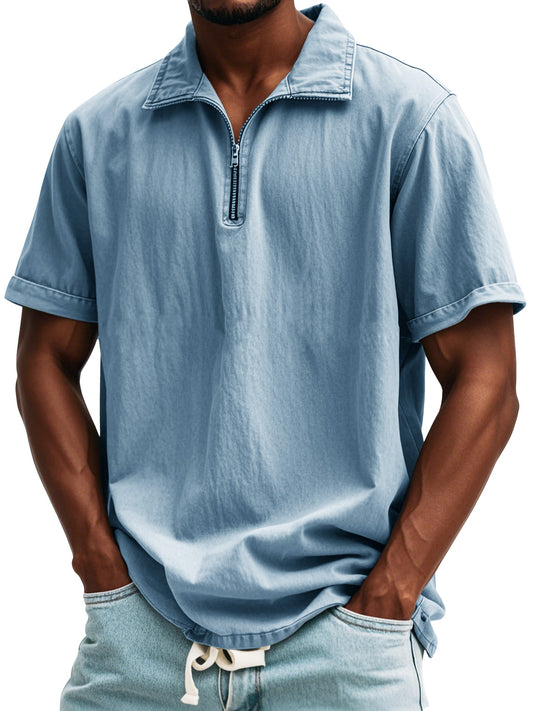 Men's Fashion Retro Zipper Stand Collar Short Sleeve Shirt
