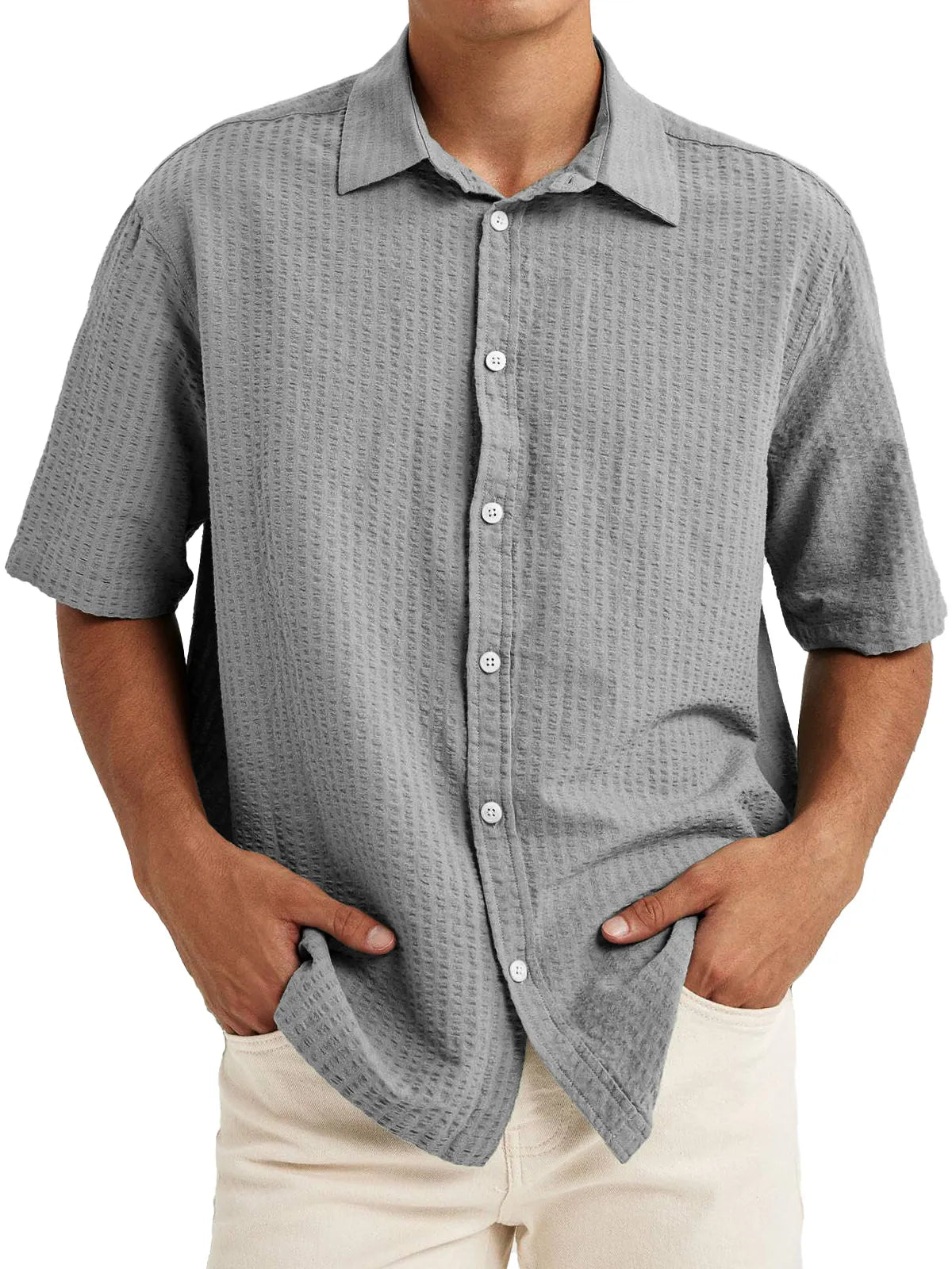 Men's Casual Textured Lapel Solid Color Short-sleeved Shirt