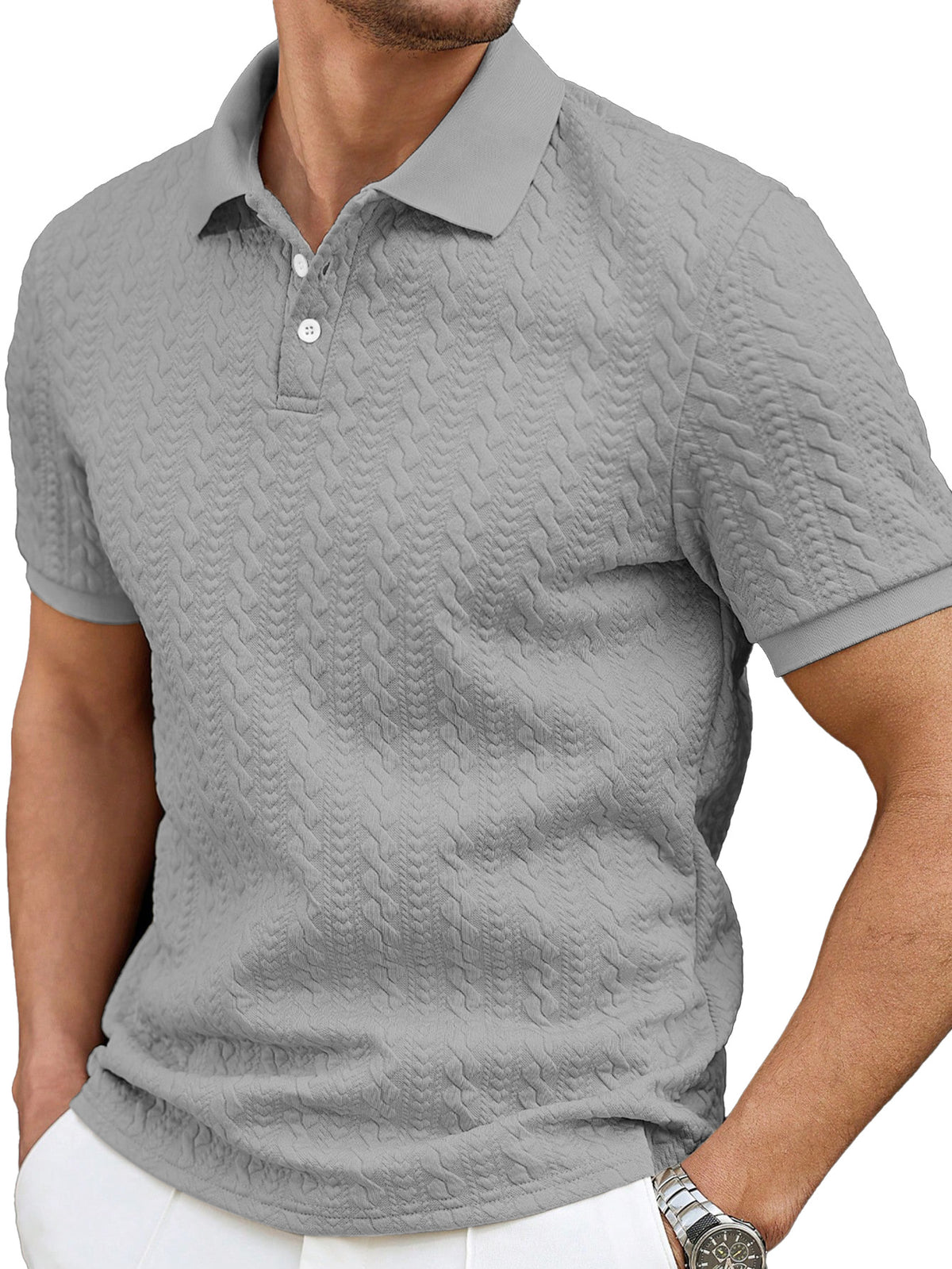 Men's Casual Solid Color Texture Loose Short-sleeved Lapel Polo Shirt