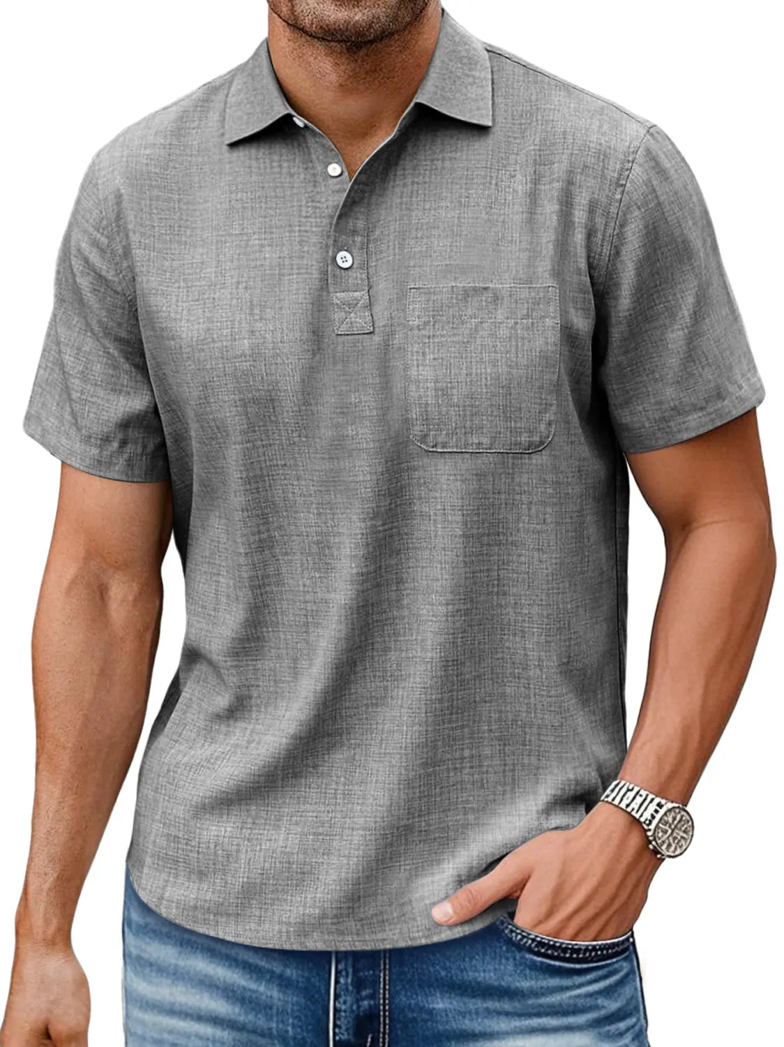 Men's Daily Lapel Pocket Casual Comfortable Solid Color Short-sleeved Polo Shirt