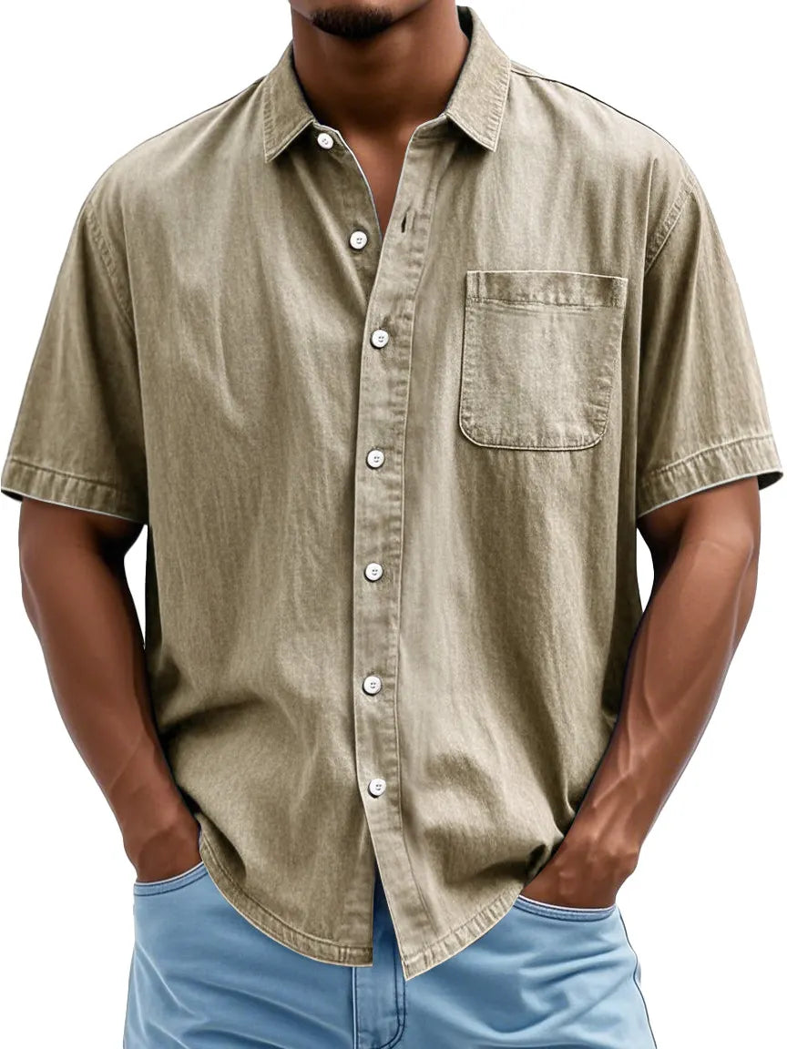 Men's Fashion Casual Lapel Pocket Solid Color Short Shirt