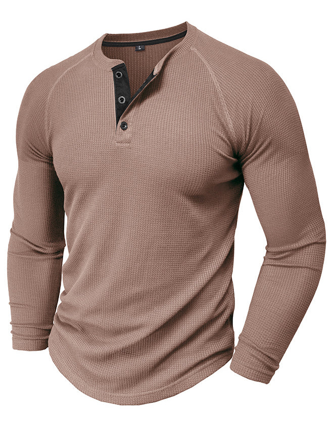 Men's Waffle Henley Collar Textured Long-sleeved Top