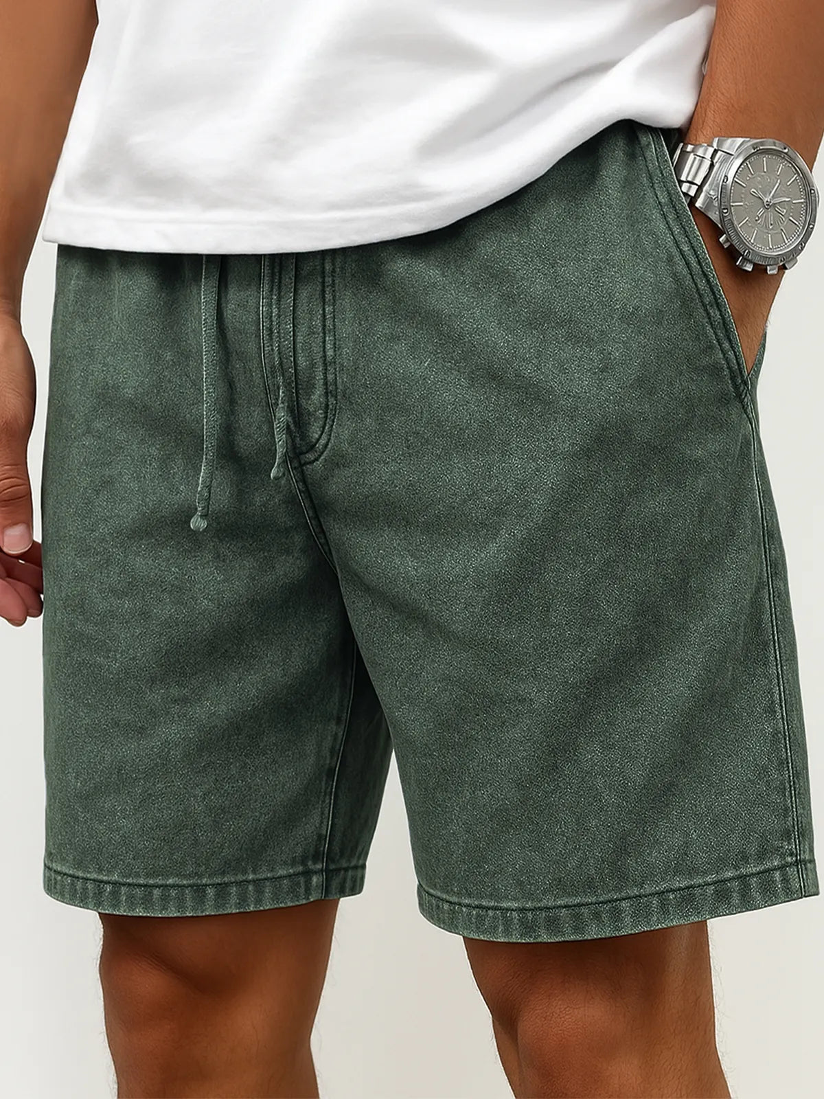 Men's Stylish Washed Lace-Up Casual Cropped Shorts with Side Pockets