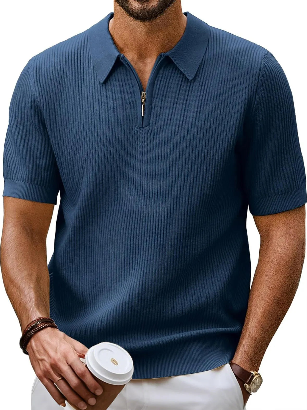 Men's Fashion Daily Casual Ripstop Fabric Zipper Short-sleeved Polo Shirt