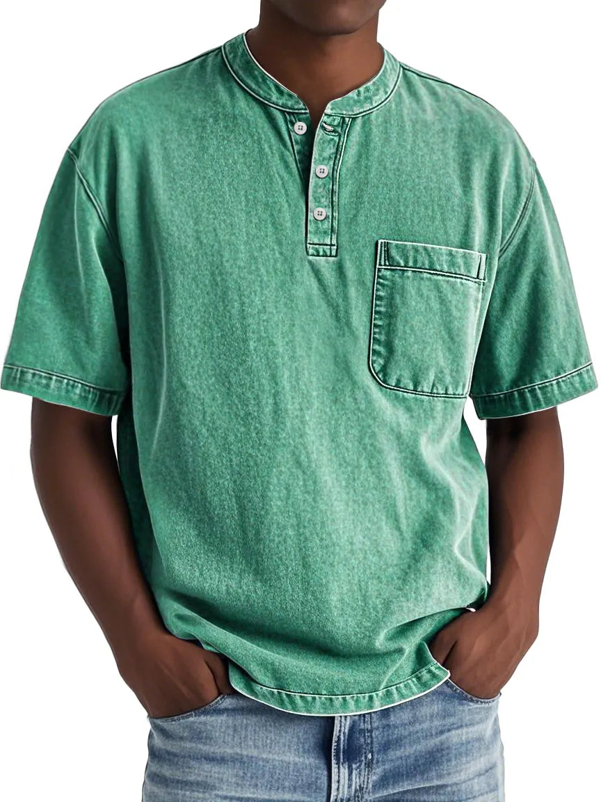 Men's Vintage Distressed Stand Collar Pocket Casual Short Sleeve Henley Shirt