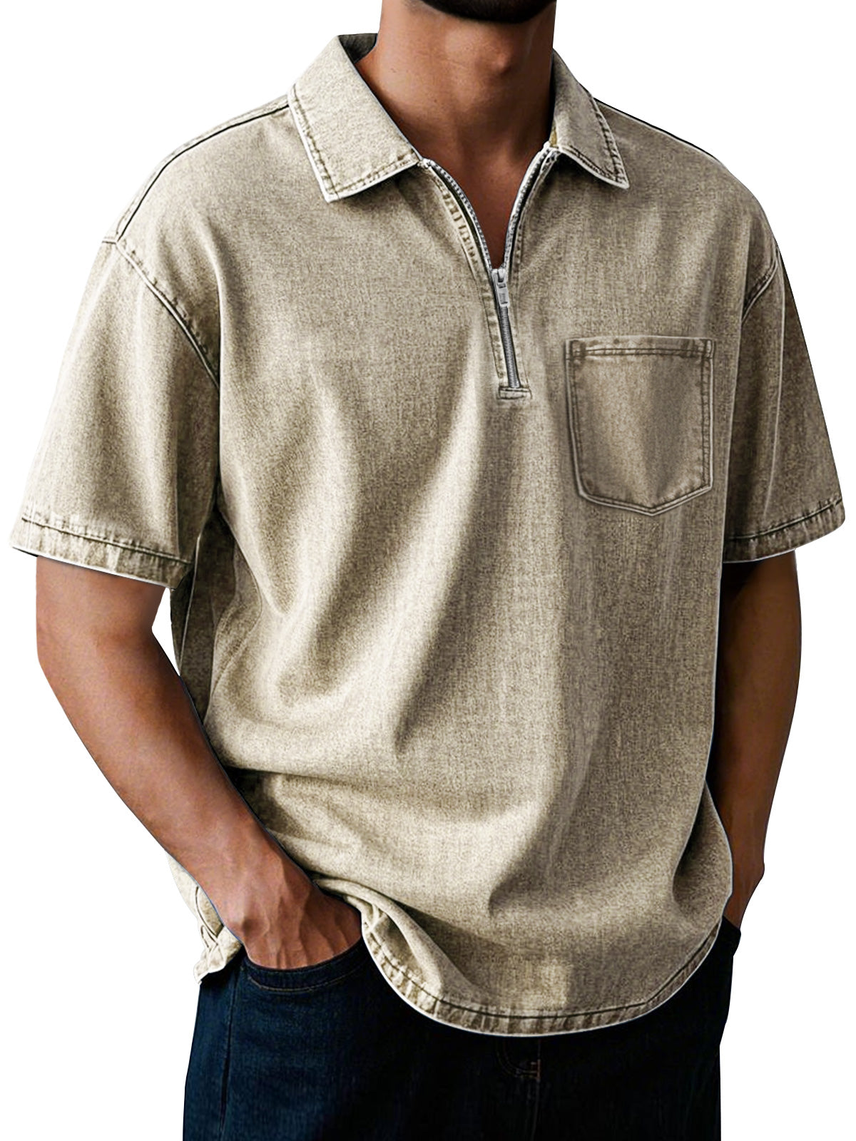 Men's Retro Lapel Zipper Pocket Casual Solid Color Short Sleeve POLO Shirt