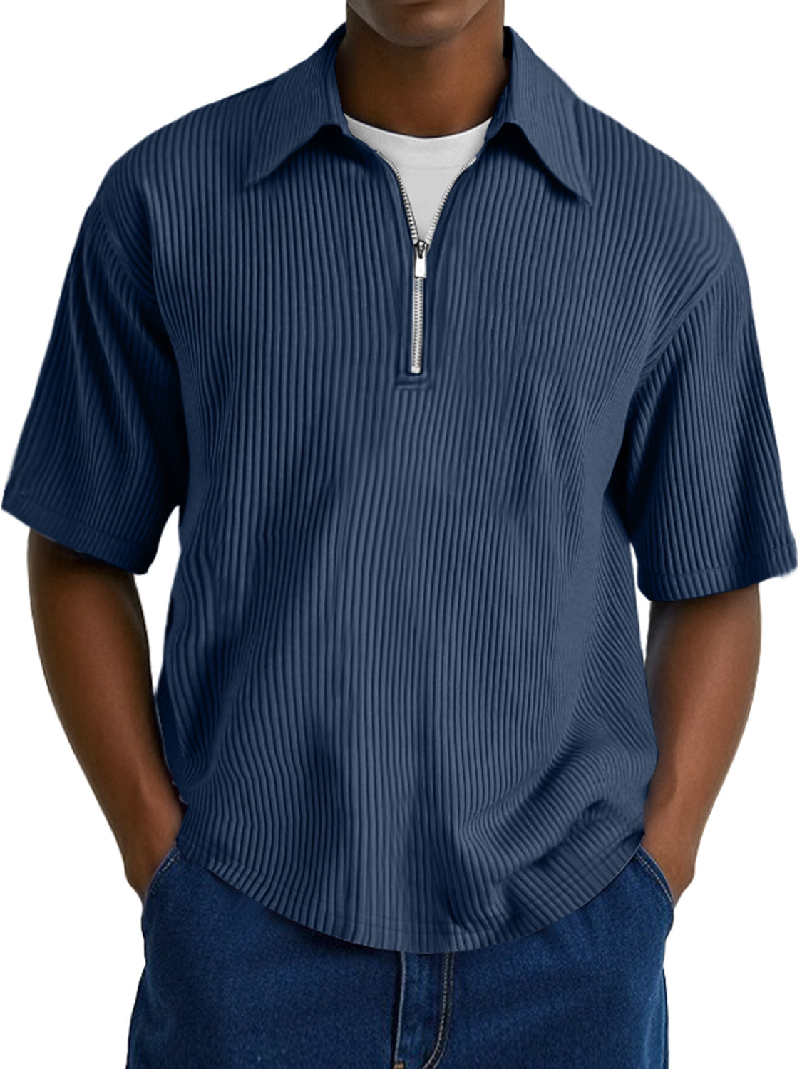 Men's Fashion Ribbed Texture Lapel Zipper Casual Comfort Short Sleeve POLO Shirt