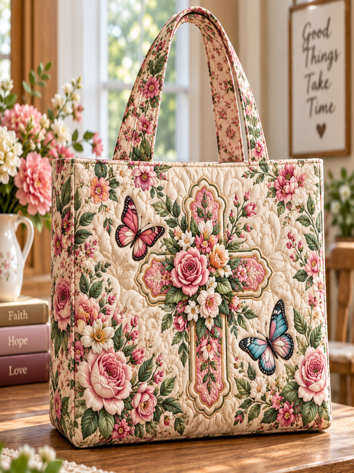 Floral Cross Butterfly Patchwork Quilted Tote Bag