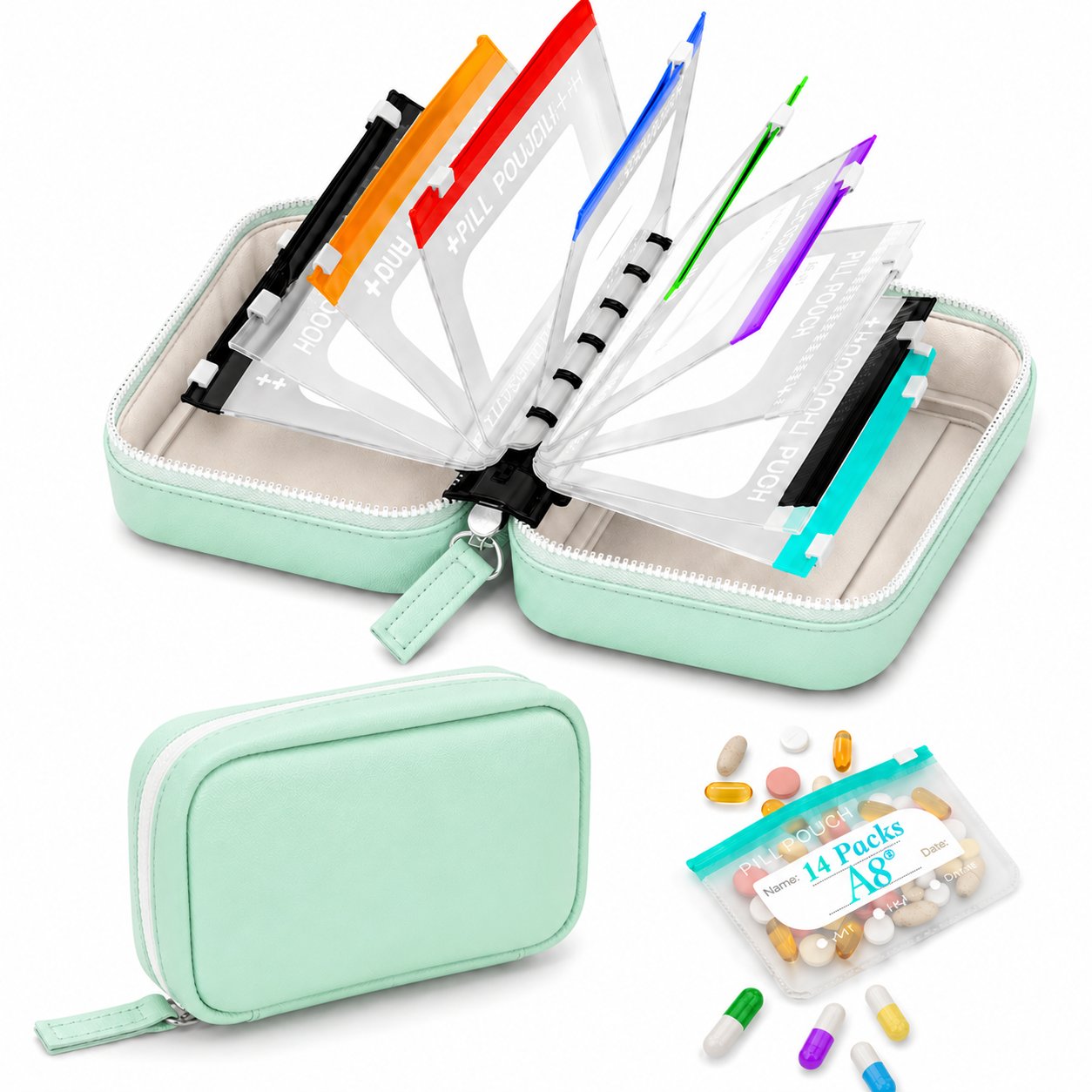 Waterproof Pill Organizer Pouch Set – 14 Removable, Colour-Coded Bags, Easy to Label & Refill