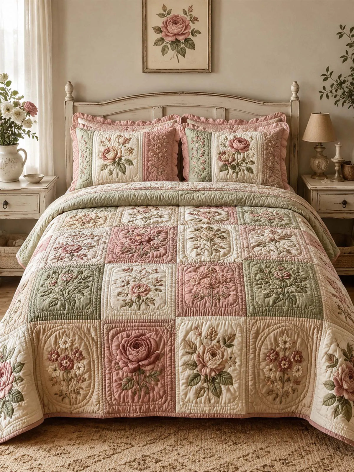 Vintage Rose Floral Quilted 3-Piece Bedding Set – Luxury Quilted Bedding with Matching Pillow Shams