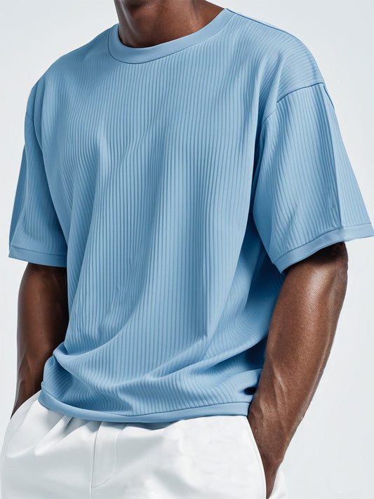 Men's Pleated Vertical Striped Fabric Casual Short Sleeve T-shirt