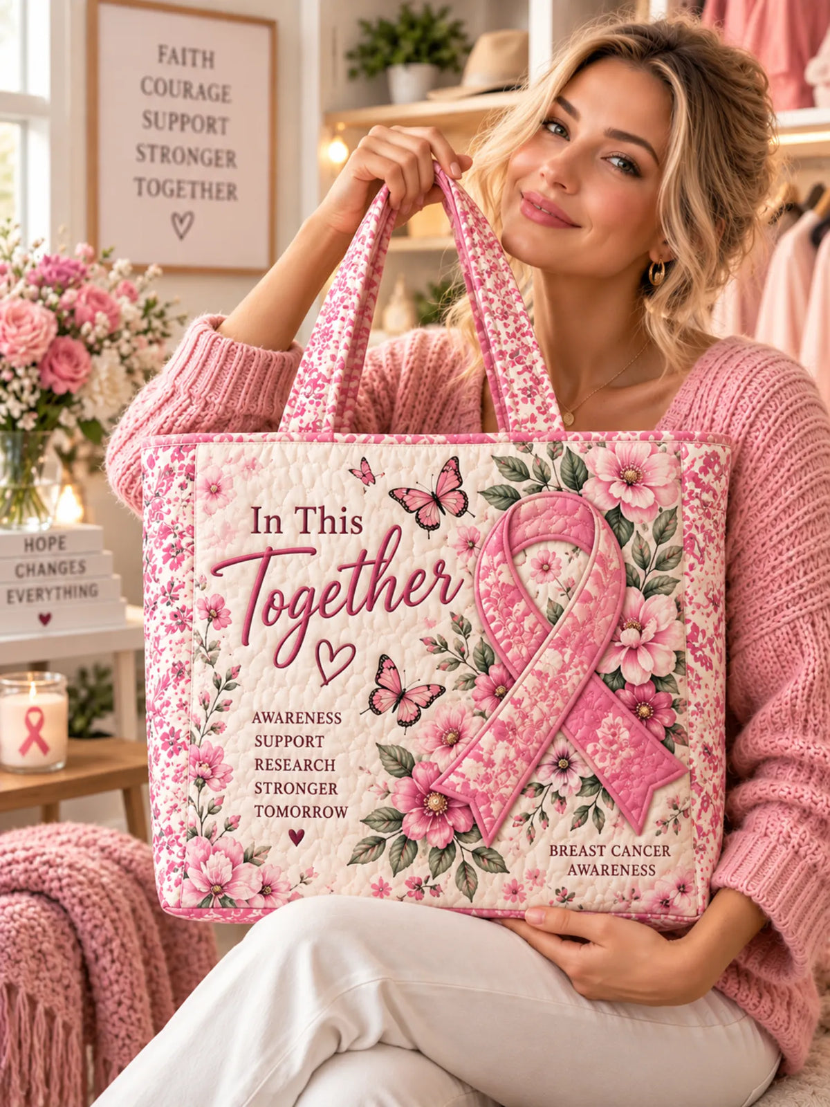 Pink Floral Ribbon Butterfly Patchwork Quilted Tote Bag