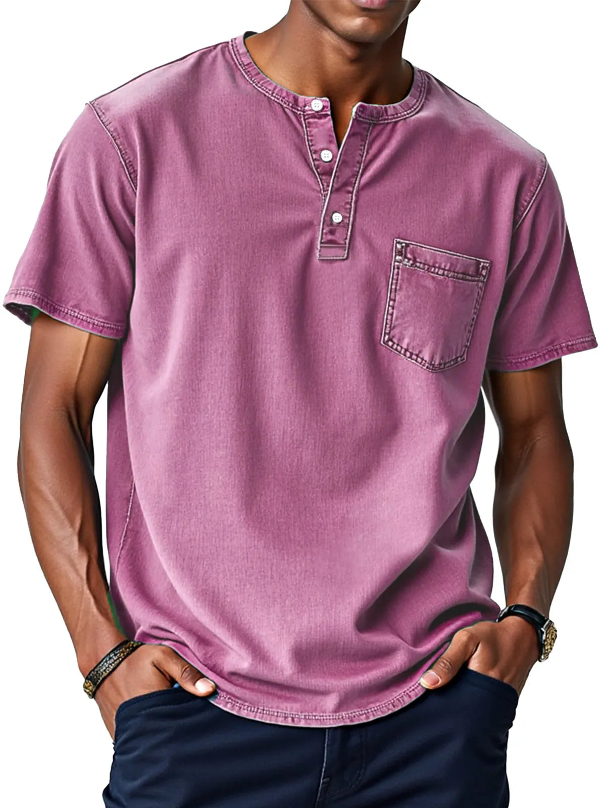 Men's Retro Solid Color Loose Button Stand Collar Short Sleeve Henley Shirt