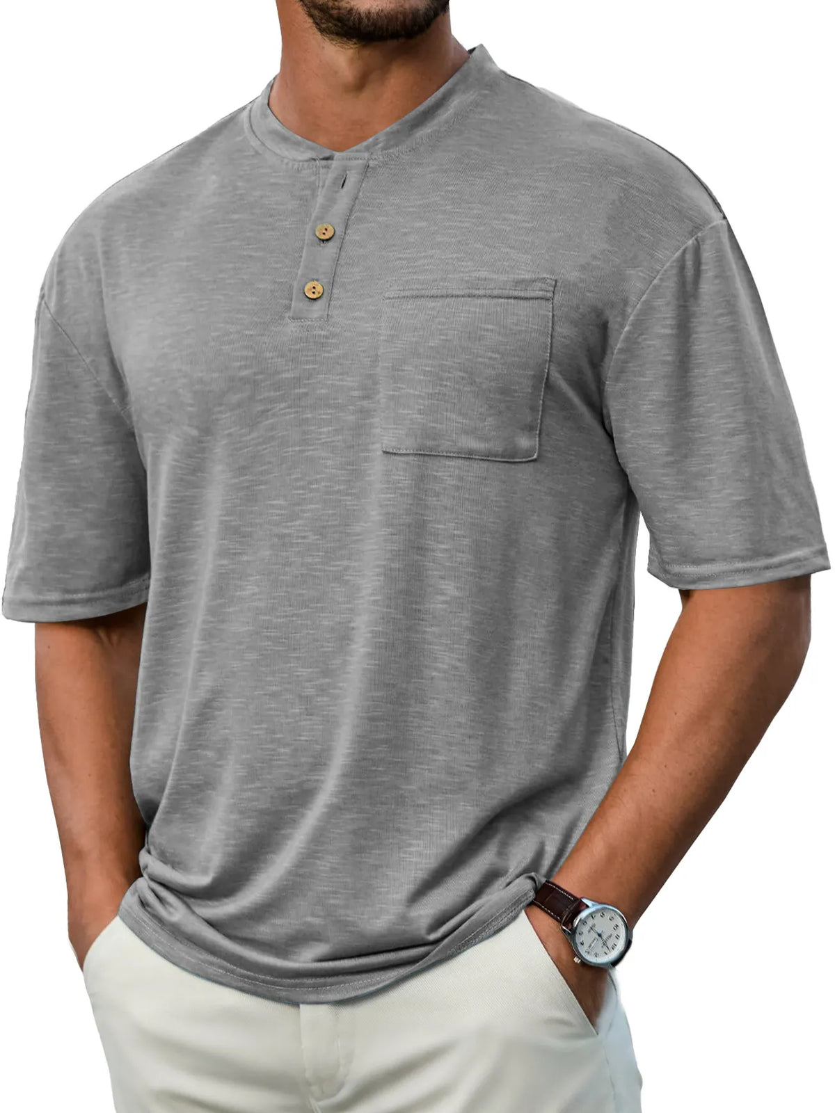 Men's Everyday Casual Stand Collar Pocket Comfort Short Sleeve Henley Shirt