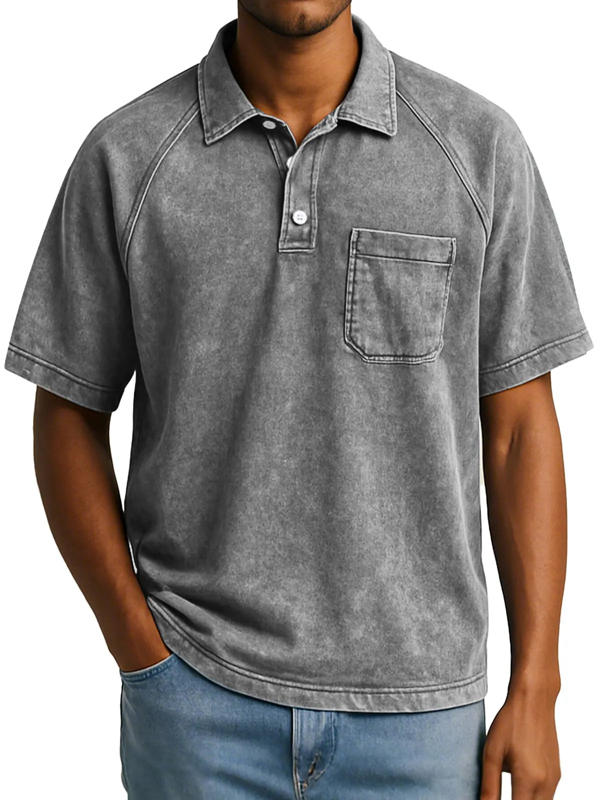 Men's Retro Casual Raglan Short Sleeve Lapel Button Up Polo Shirt