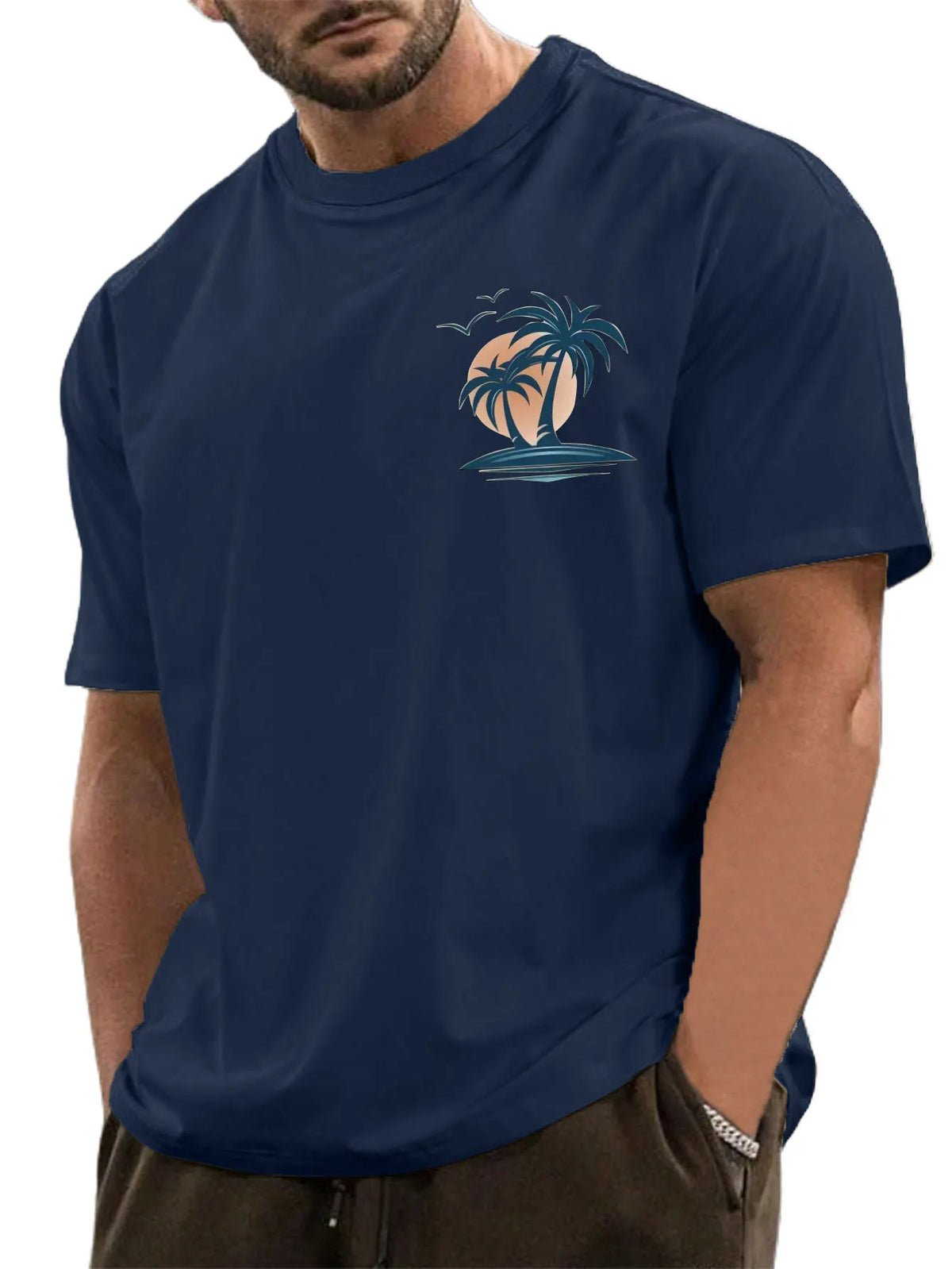 Men's Cotton Basic Casual Palm Tree Print Comfortable Short-sleeved T-shirt
