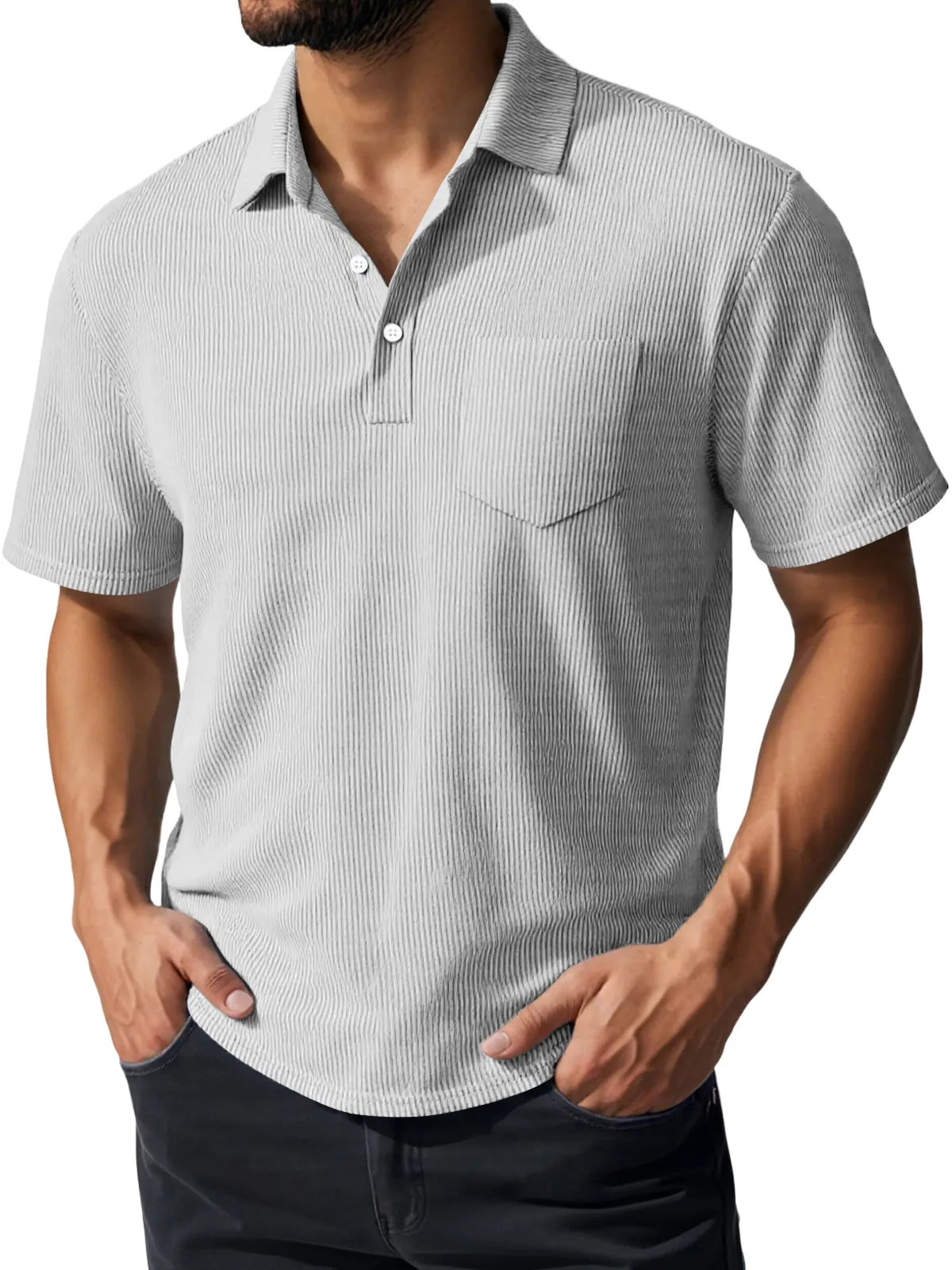 Men's Daily Casual Ribbed Lapel Button Pocket Short-sleeved Polo Shirt