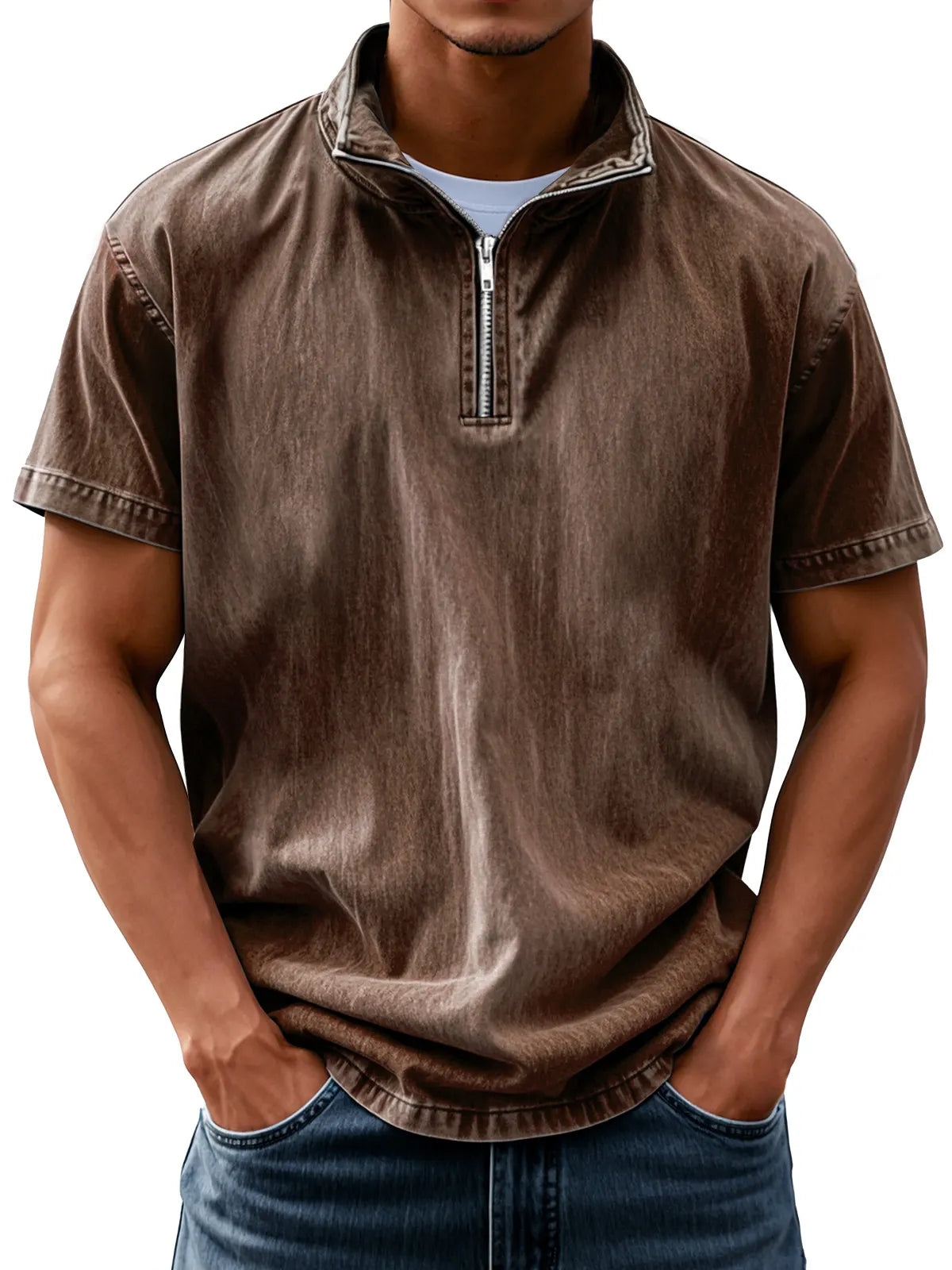 Men's Retro Everyday Stand Collar Zipper Solid Color Short Sleeve Shirt