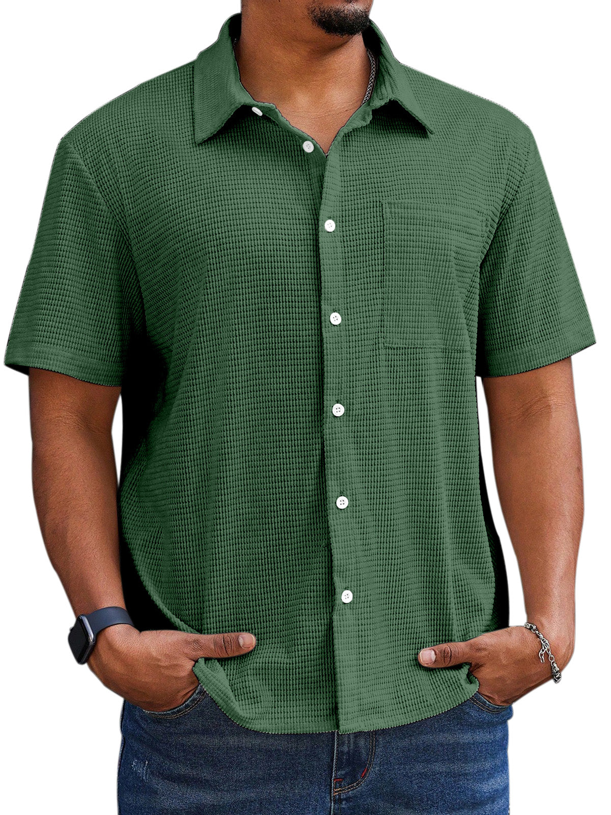 Men's Casual Simple Comfortable Waffle Short Sleeve Shirt