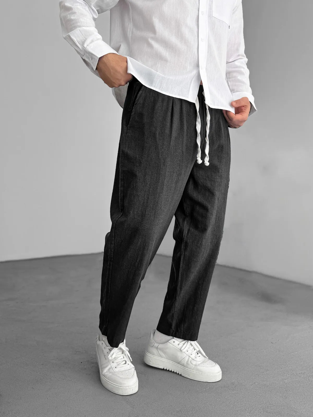Men's Fashion Casual Hemp Fabric Elastic Drawstring Pocket Trousers