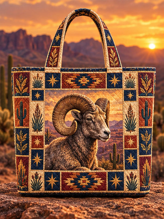 Vintage Bighorn Sheep Navajo Tribal Desert Patchwork Quilted Tote Bag