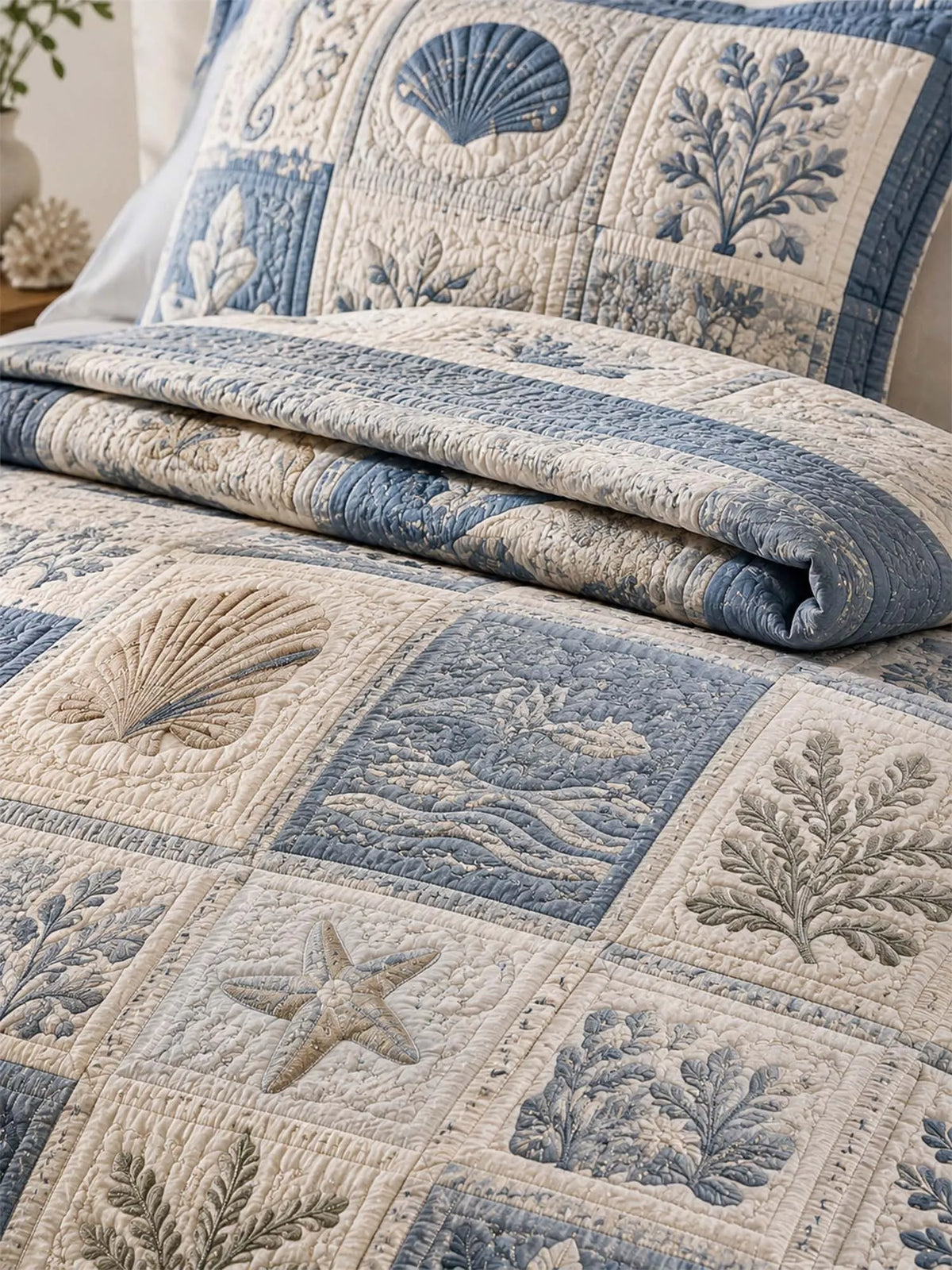Coastal Ocean Quilted 3-Piece Bedding Set – Luxury Quilted Bedding with Matching Pillow Shams