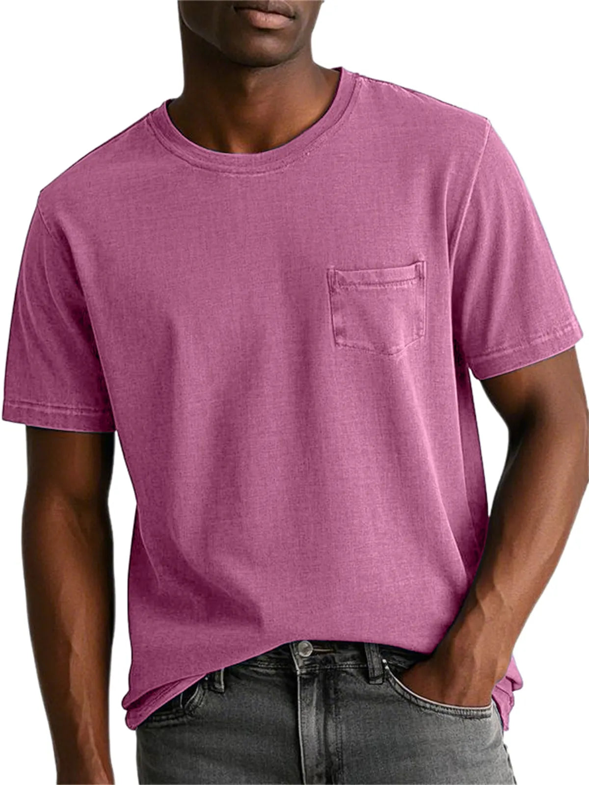 Men's 100% Cotton Washed And Distressed Retro Pocket Round Neck Short-sleeved T-shirt