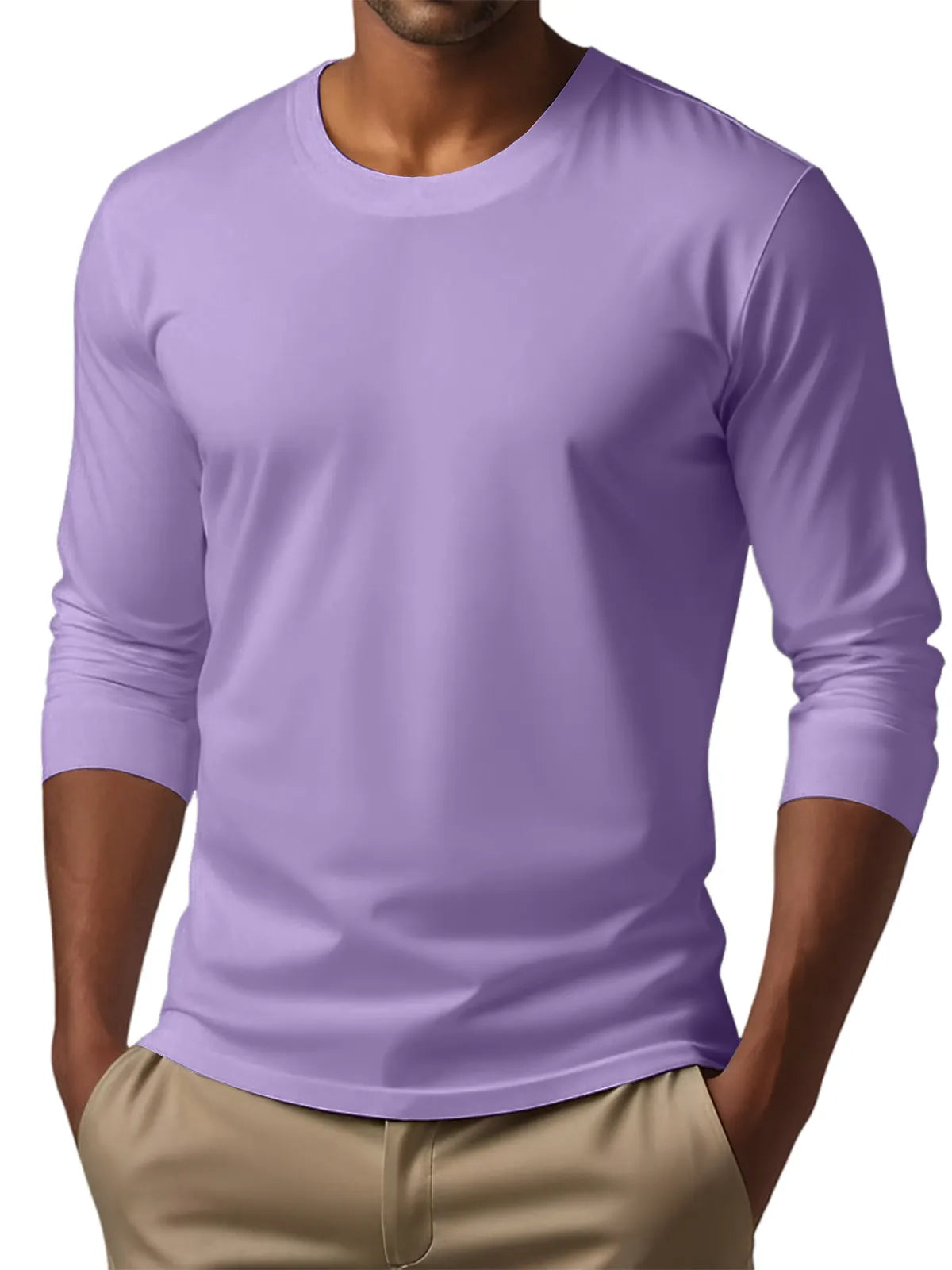 Men's Casual Round Neck Solid Color Comfortable Long Sleeve T-Shirt
