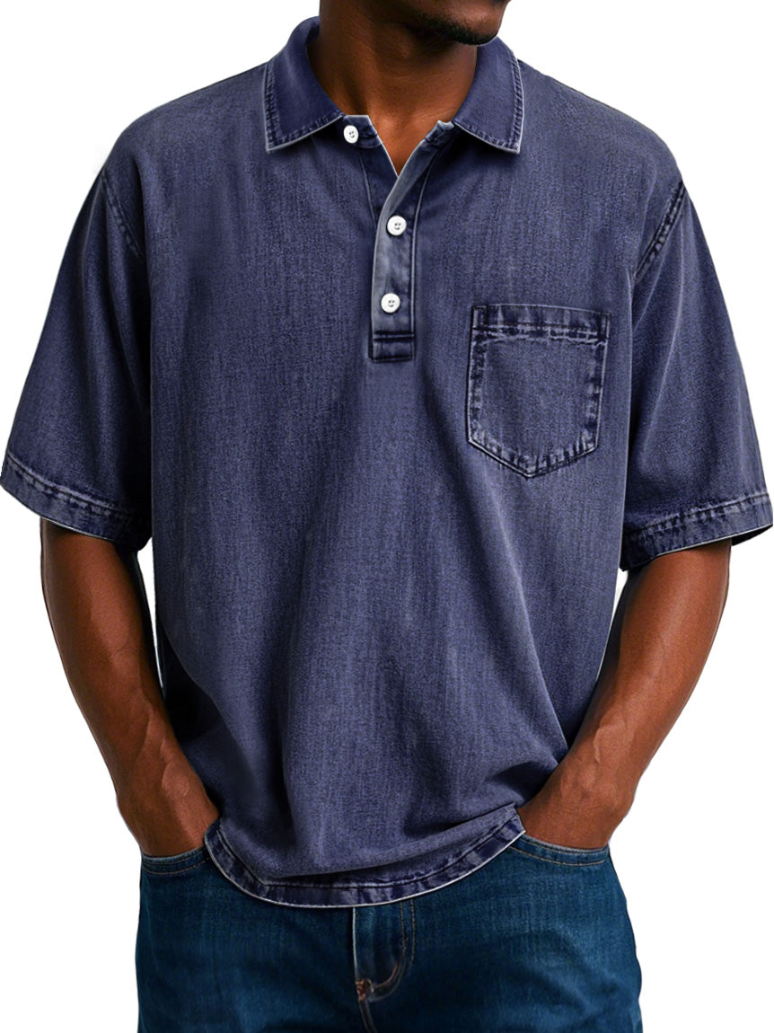 Men's Vintage 100% Cotton Washed Distressed Lapel Pocket Casual Short Sleeve POLO Shirt