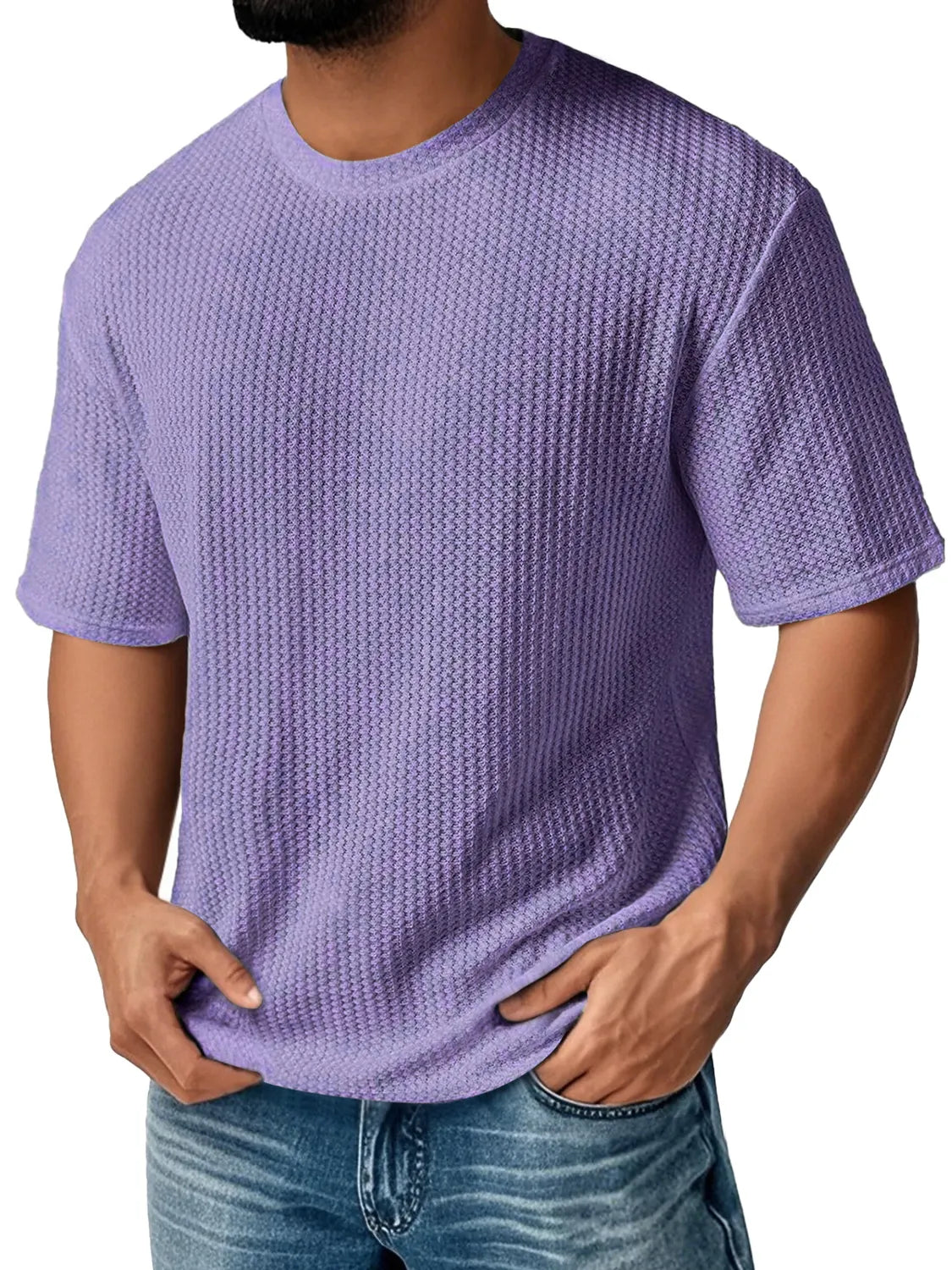 Men's Daily Round Neck Waffle Casual Solid Color Comfortable Short Sleeve T-shirt