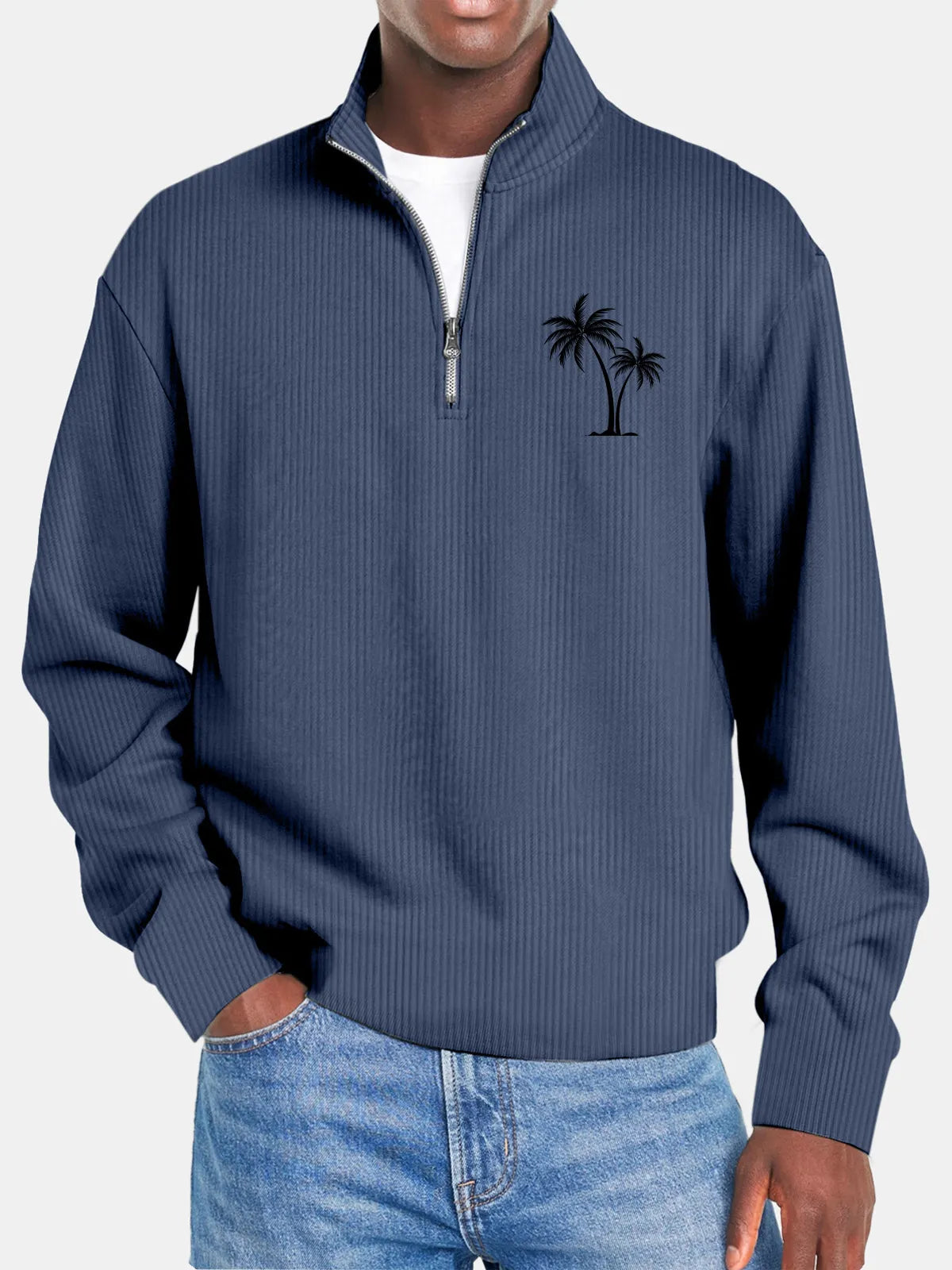 Men's Casual Solid Color Vertical Pit Stripe Coconut Tree Print Zipper Long Sleeve Top