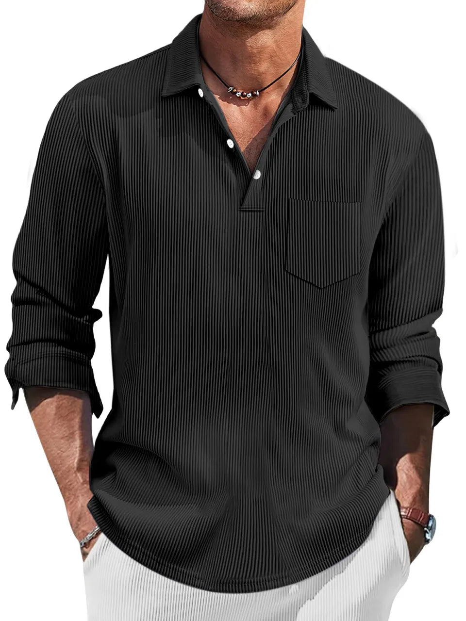 Men's Simple Solid Color Pit Lapel Button-up Polo Shirt