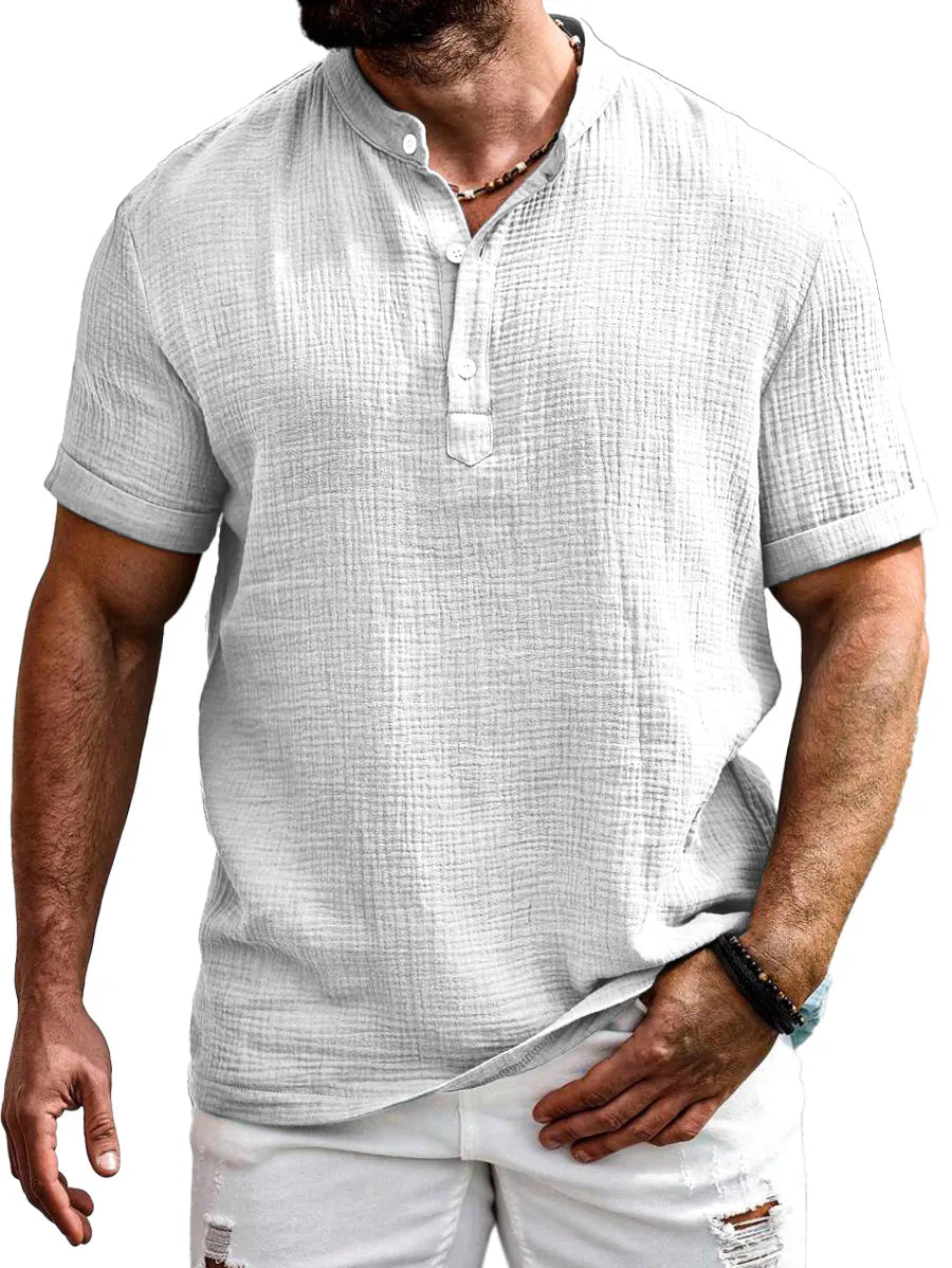 Men's Everyday Solid Color Texture Short-sleeved Half-open Collar Henley Shirt
