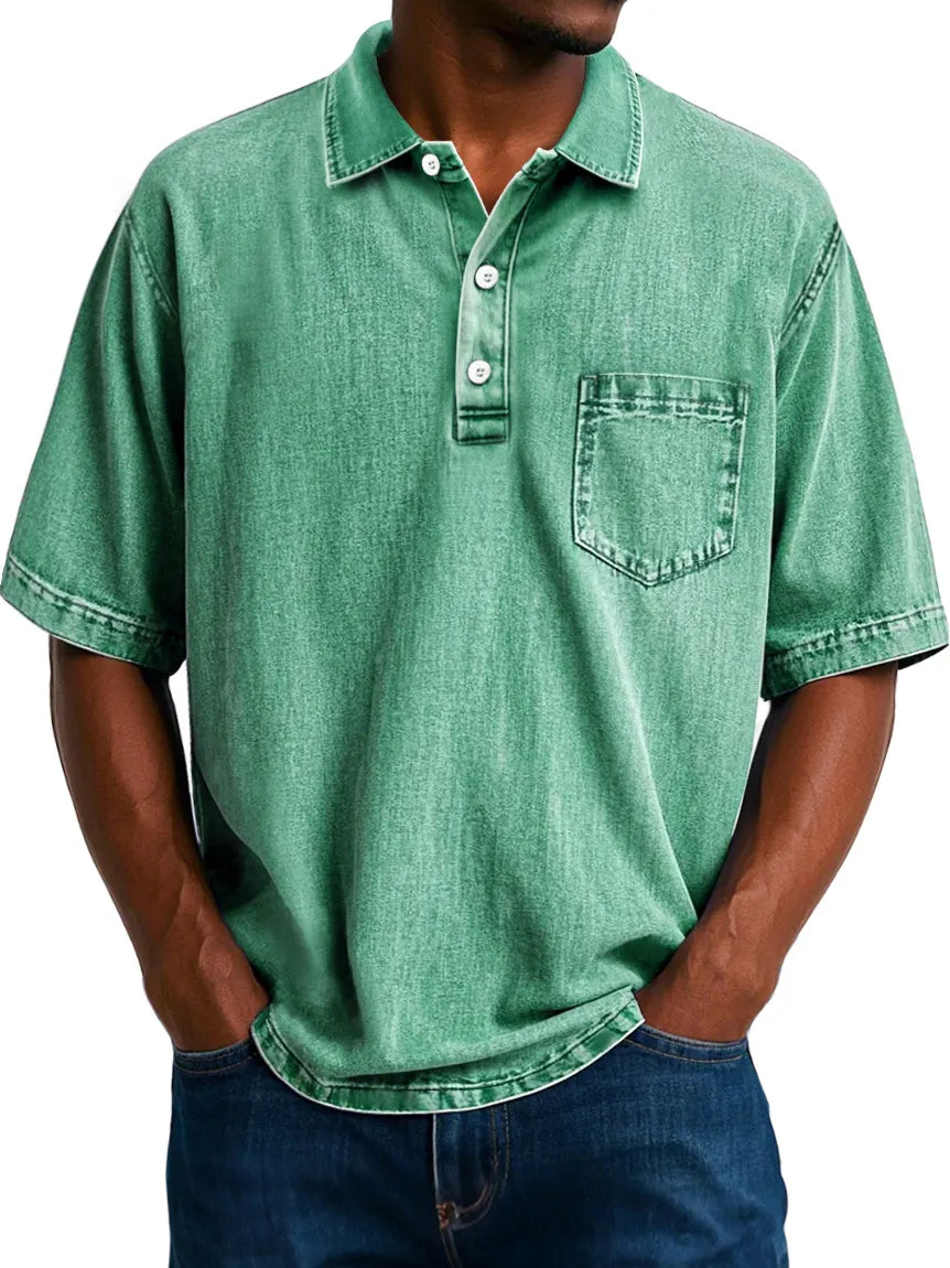 Men's Vintage 100% Cotton Washed Distressed Lapel Pocket Casual Short Sleeve POLO Shirt