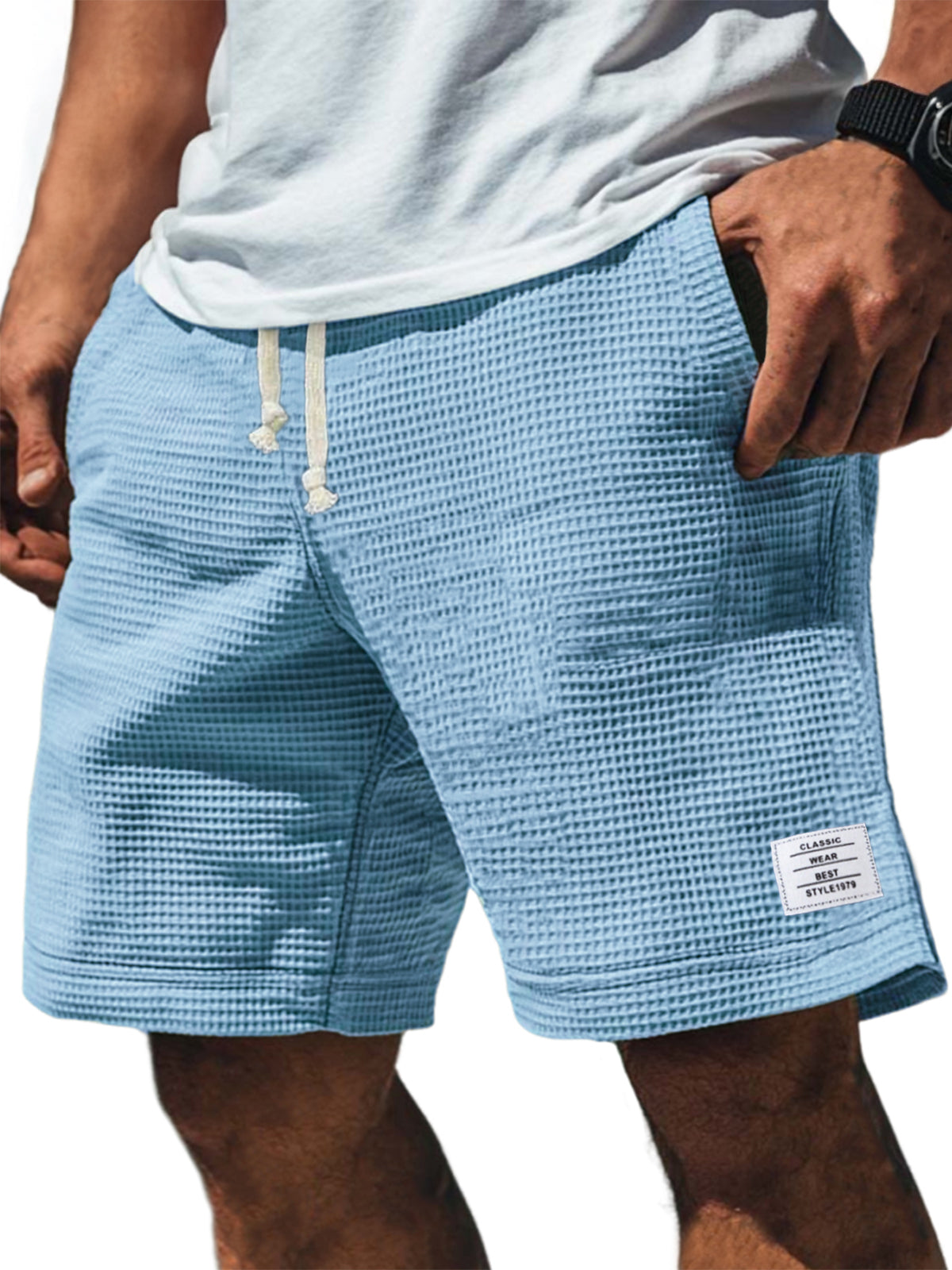 Men's Soft Waffle Simple Embroidered Logo Stylish Lace Up Everyday Casual Shorts