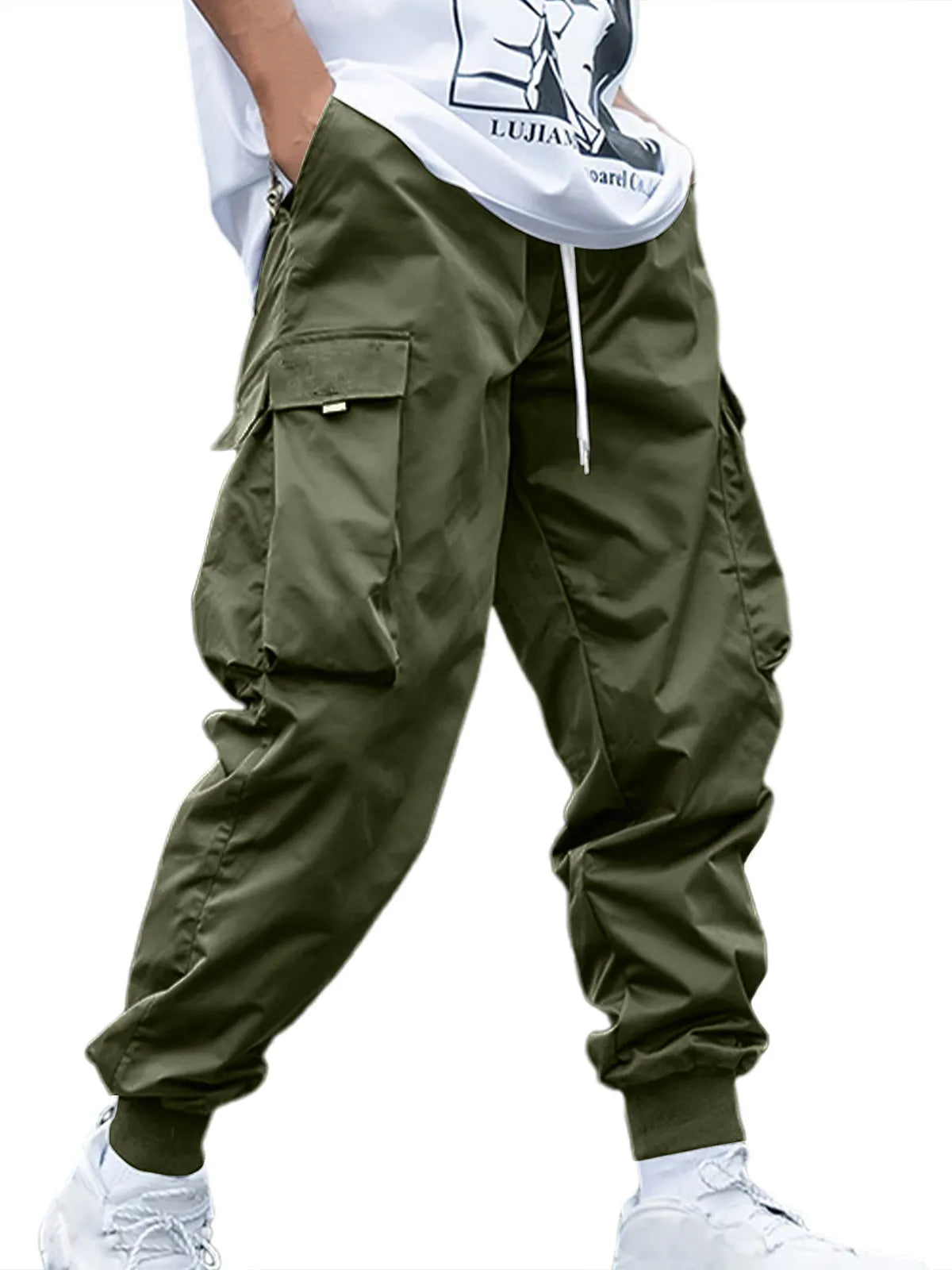 Men's Retro Casual Multi-pocket Elastic Waist Solid Color Trousers