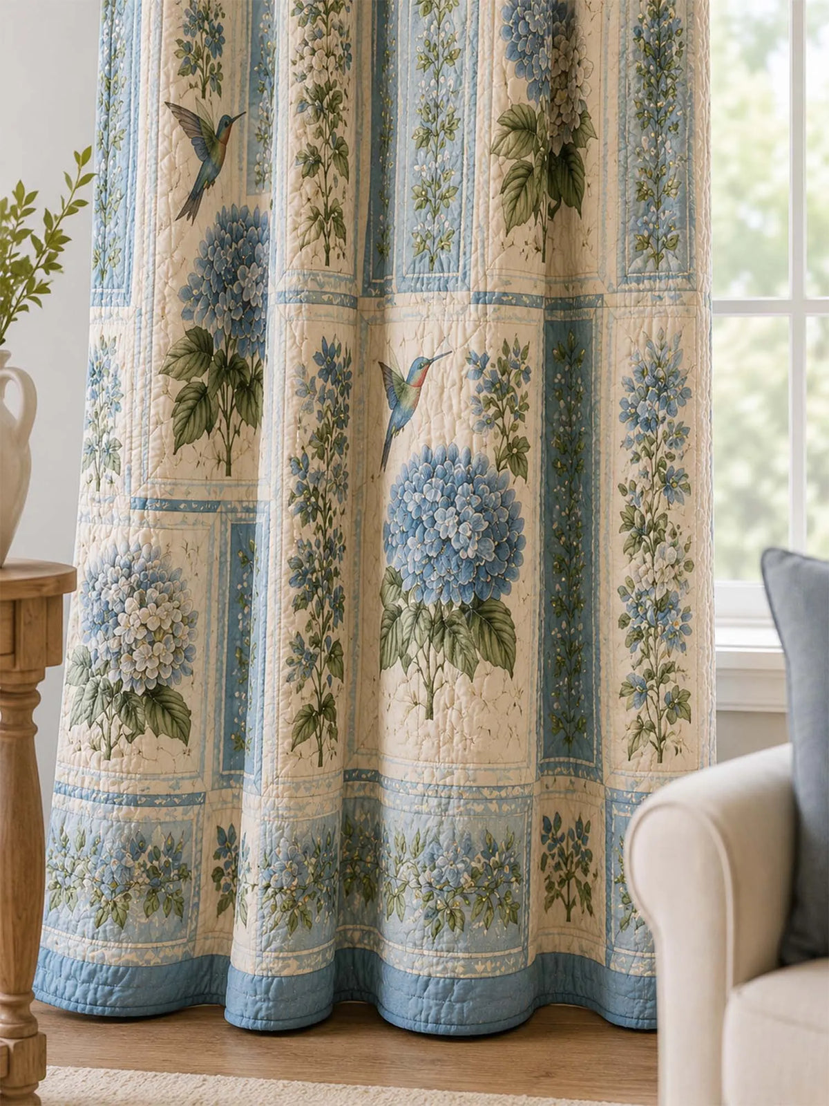 Vintage Blue Hydrangea Hummingbird Patchwork Quilted 2‐Panel Curtain Set