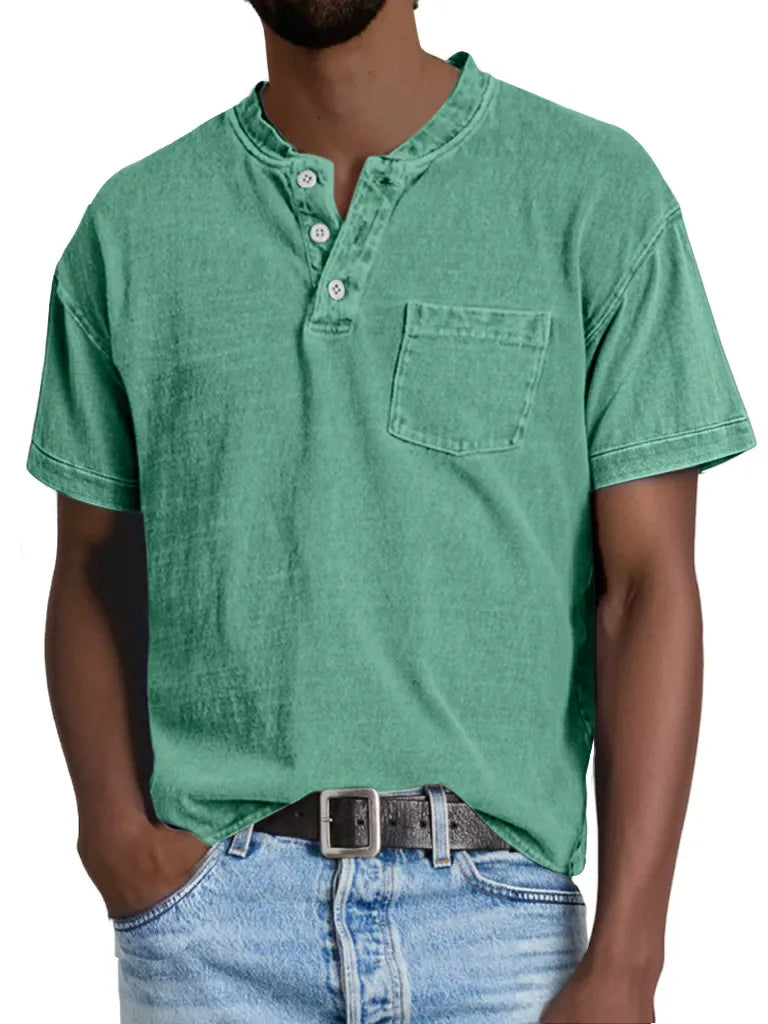 Men's Retro Casual Solid Color Pocket Short Sleeve Henley Shirt