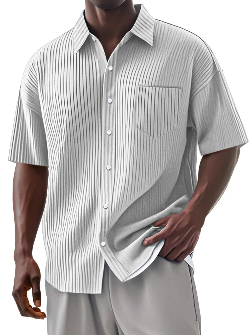 Men's Daily Casual And Comfortable Vertical Striped Solid Color Lapel Short-sleeved Shirt
