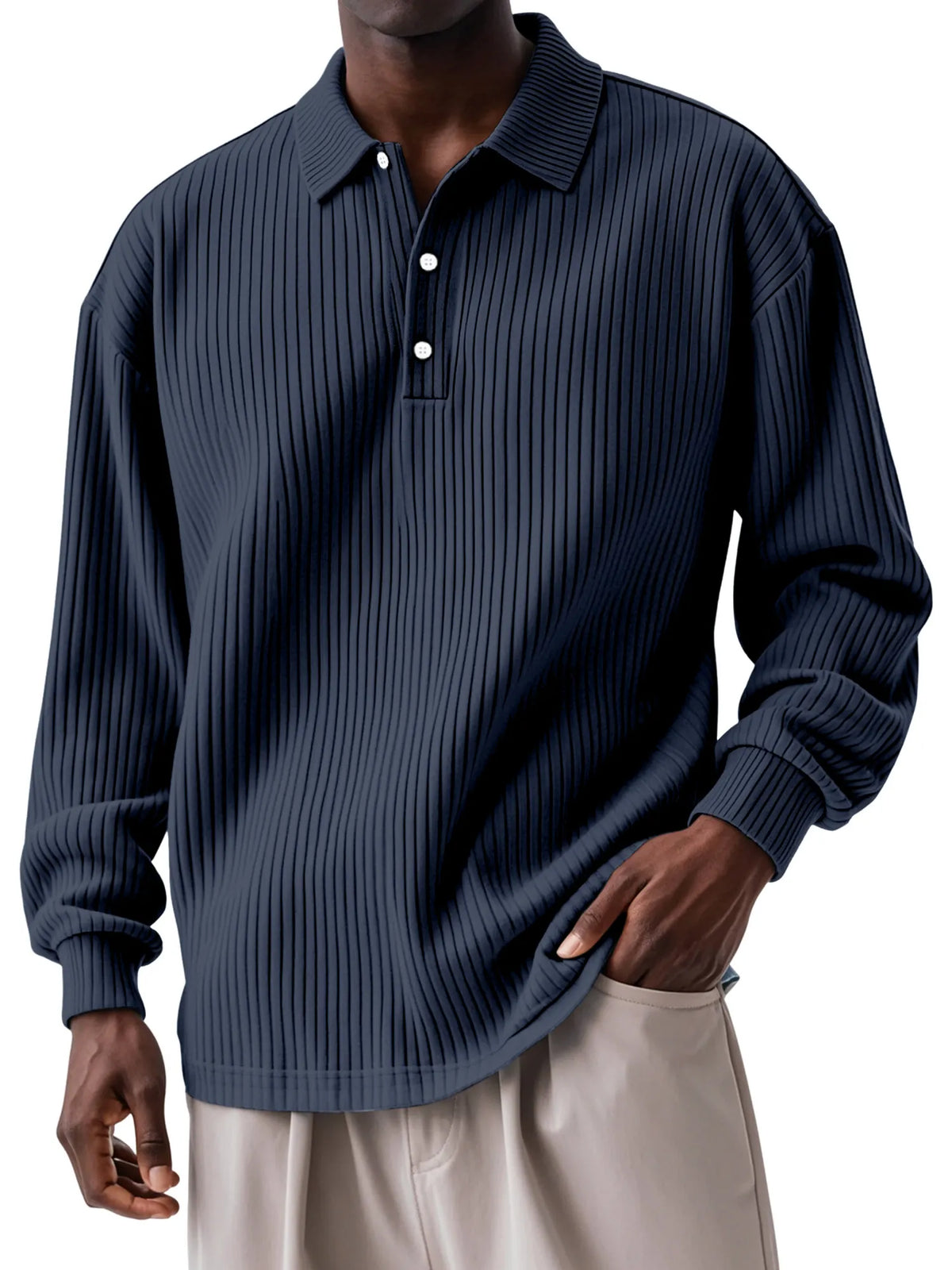 Men's Daily Solid Color Vertical Button Long Sleeve Polo Shirt