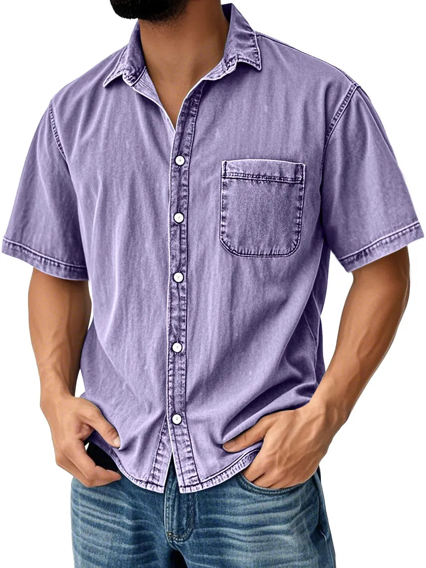 Men's Retro Casual Lapel Pocket Solid Color Short Sleeve Shirt