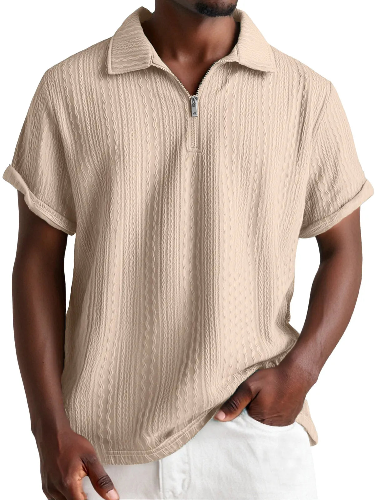 Men's Everyday Design Textured Short-sleeved Lapel Zipper Polo Shirt