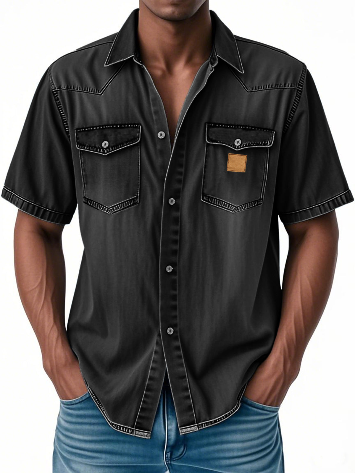 Men's Retro Western Embroidered Multi-Pocket Button Casual Short Sleeve Shirt
