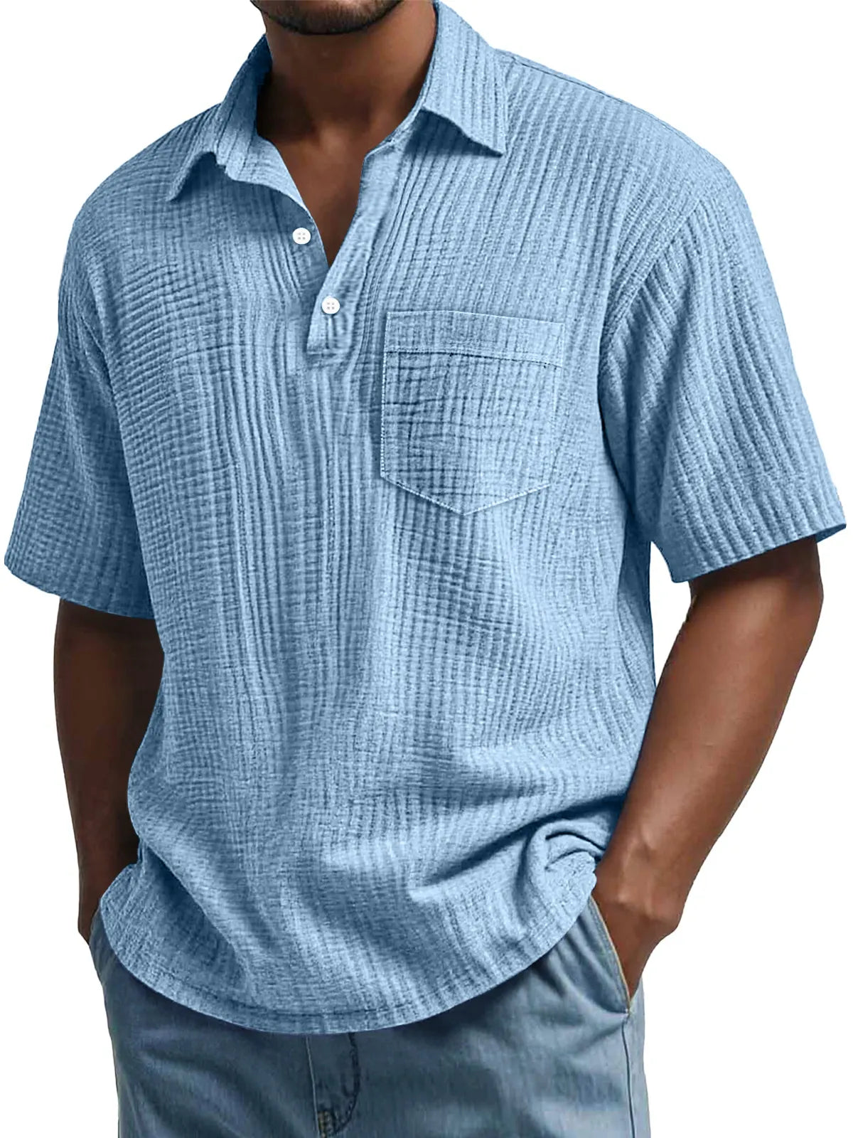 Men's Daily Pleated Casual Lapel Pocket Short Sleeve POLO Shirt