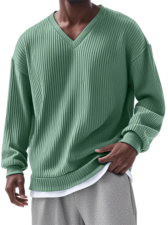 Men's Everyday Loose V-neck Vertical Long-sleeved T-shirt