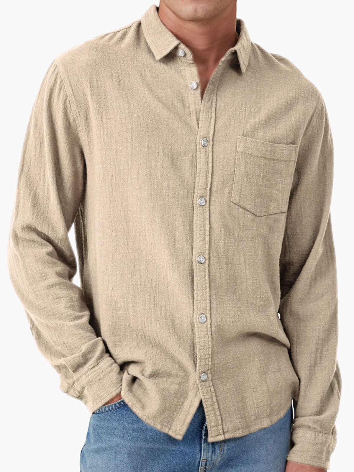 Men's Vacation Hawaiian Casual Vintage Cotton Casual Long Sleeve Shirt with Chest Pocket