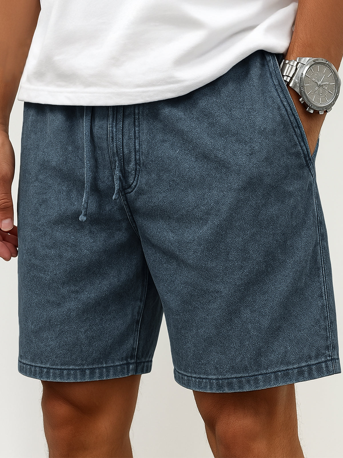 Men's Stylish Washed Lace-Up Casual Cropped Shorts with Side Pockets