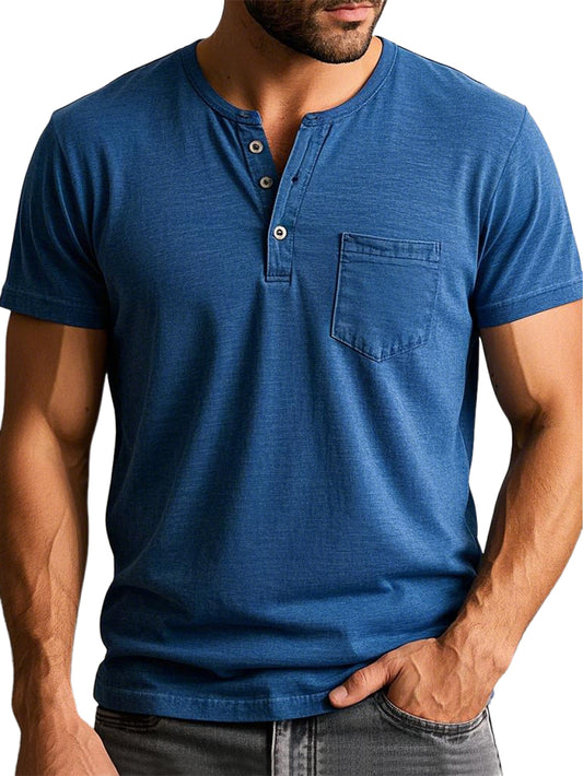 Men's Vintage Henley Collar Pocket Short Sleeve Casual T-shirt