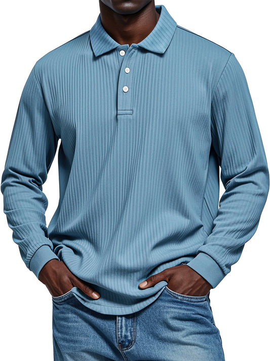 Men's Pit Texture Casual Button Solid Color Long-sleeved Polo Shirt