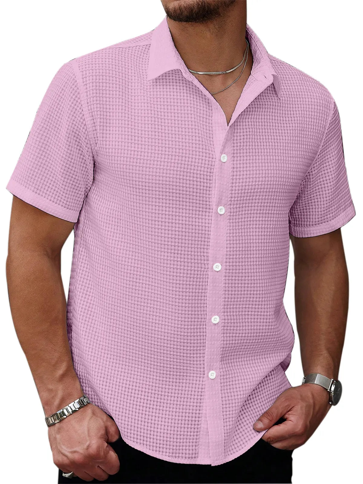 Men's Casual Summer Solid Color Waffle Texture Short-sleeved Button-down Shirt